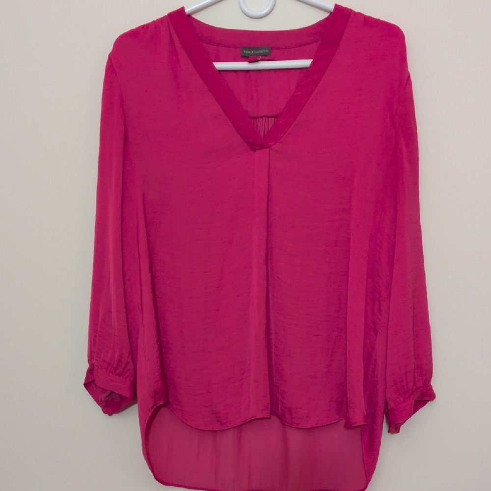 Vince Camuto Hot Pink Blouse 3/4 Sleeve Pleated V Neck Size M GUC